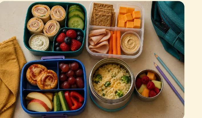 Four packed lunchboxes with pinwheels, crackers, fruit and a warm thermos